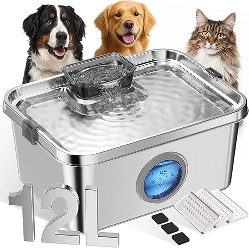 Fuente de agua automática de acero inoxidable de 12 litros para perros grandes, fuente de agua silenciosa para mascotas y dispensador de agua con