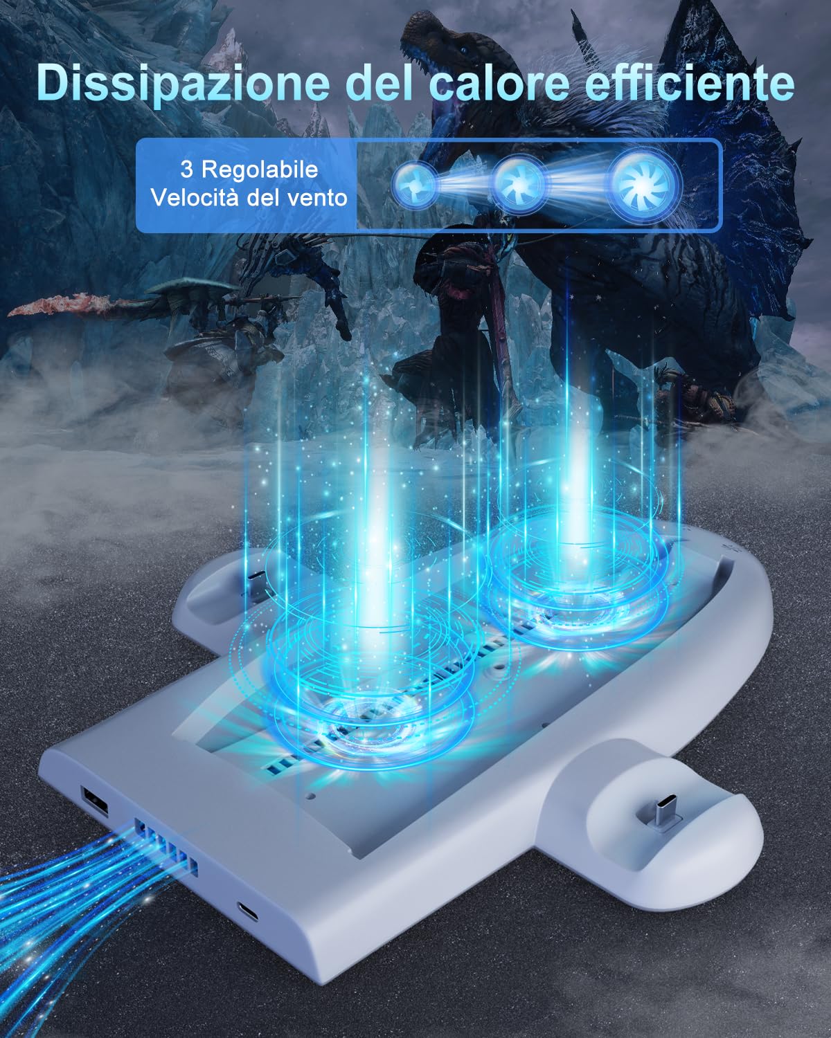 Raffreddamento Verticale per Supporto PS5 Slim, Design di Ricarica Doppio Controller Aggiornato, Base con Ventola e 9 RGB, Accessori Compatibili con PS5 Slim Digital/Disc