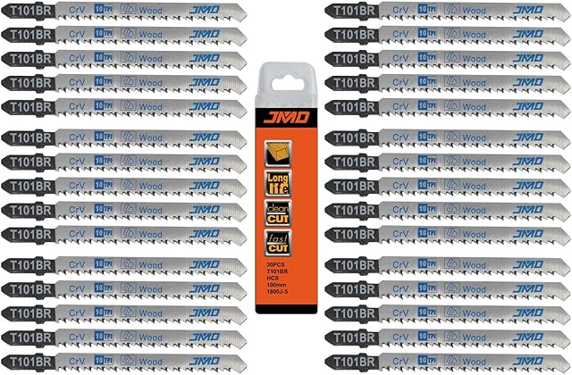 JMD 30-Piece T101BR Jigsaw Blades Wood Reverse Tooth 10TPI Jig Saw Blades for Wood 100mm Jigsaw Blade Set Compatible with Bosch Dewalt Makita etc