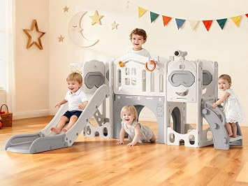 Toddler Slide, 10 in 1 Baby Playset Kids Freestanding Slide Climber with Ring Toss Game Dinosaur Track Basketball Hoop Indoor Outdoor Playground for Toddlers Age 1-3 Bear