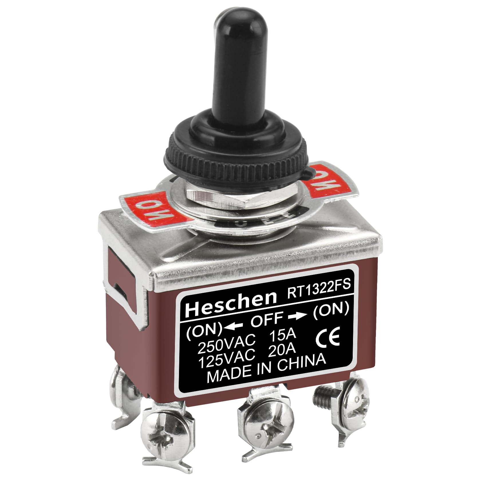Heschen Metal Toggle Switch, RT1322FS, DPDT, Momentary Type, (ON)/OFF/(ON) 3 position, 15A 250VAC, with Waterproof Cover, CE