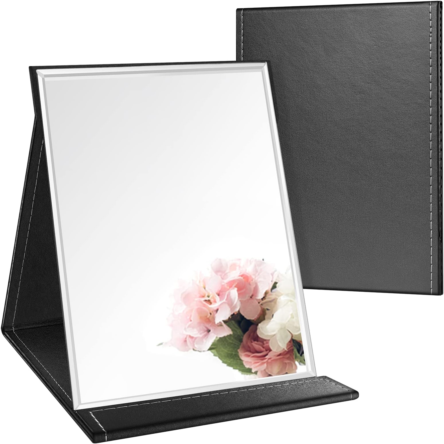 Small Mirror Makeup Travel Mirror, 25.5 x 18 cm Portable Mirrors on Stand for Make Up Desk Folding Mirror Free Standing Camping Compact Mirrors for Shaving Dressing Table Vanity Mirror Tabletop Black