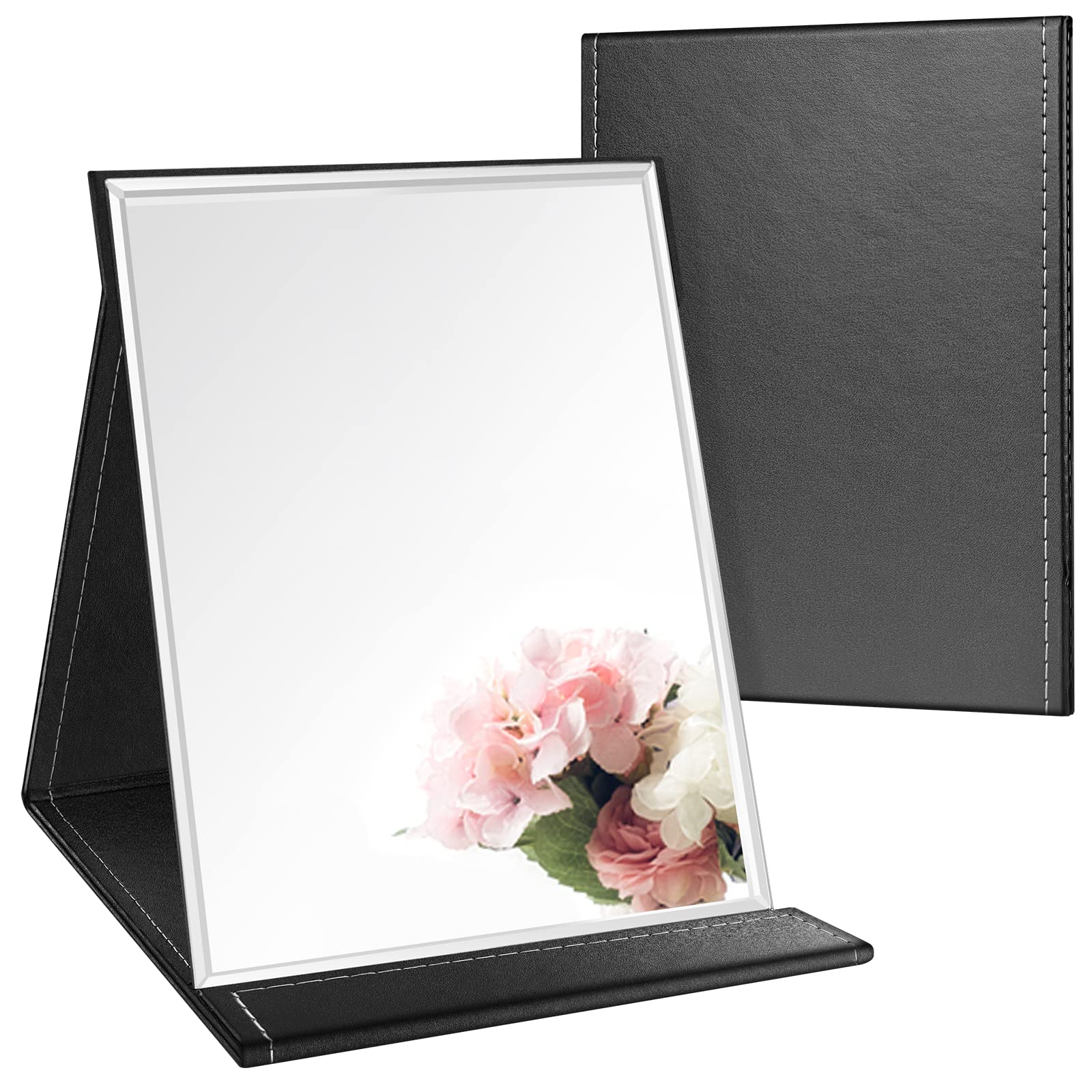 Small Mirror Makeup Travel Mirror, 25.5 x 18 cm Portable Mirrors on Stand for Make Up Desk Folding Mirror Free Standing Camping Compact Mirrors for Shaving Dressing Table Vanity Mirror Tabletop Black