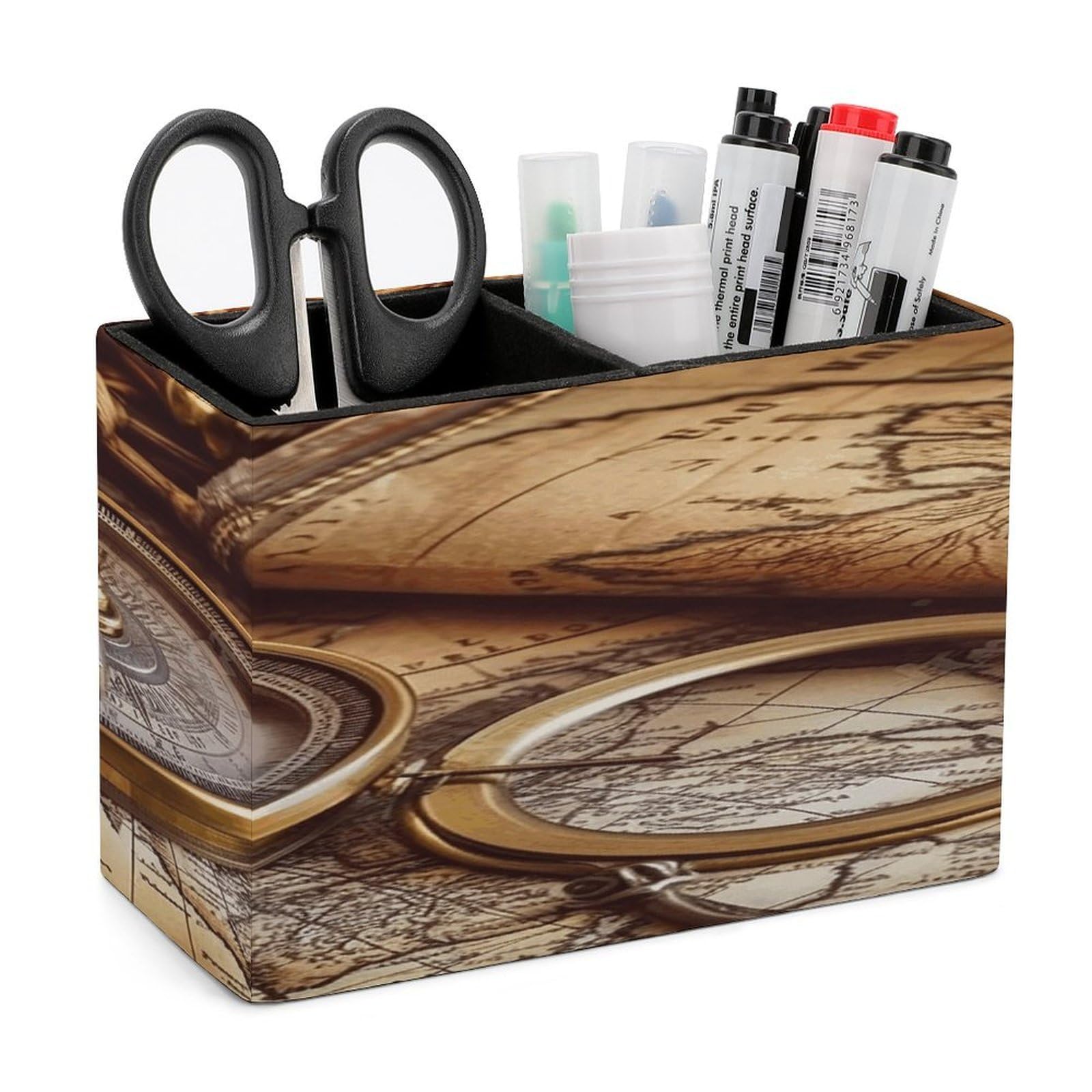 VstaDank Compass And Old World Map Pen Holder Double Compartments Pen Cup Fashion Makeup Brush Holders Leather Pencil Holder for Work Locker Accessories Modern Pencil Cup for Desk Organizer