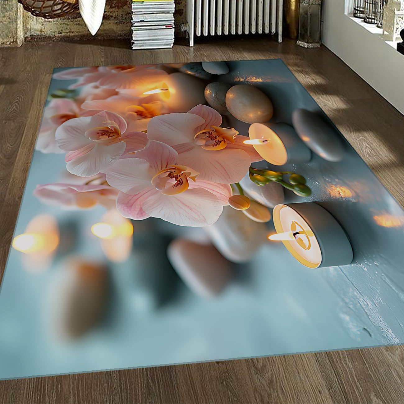 Méditation 120x200cm Tapis d’Espace Orchidées Roses et Bougies Lumineuses Imprimé Moquette à Poil Bas Lavable pour la Chambre Studio Yoga Détente Décoration dans Un Coin