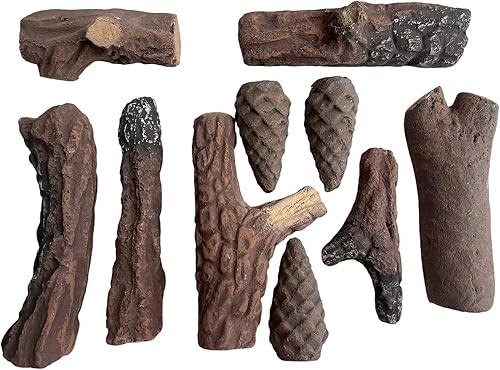 Miniatura 2 de Juego de troncos de chimenea de gas de 10 piezas, decoración de leña de cerámica simulada pequeña para chimeneas eléctricas de etanol de gas,