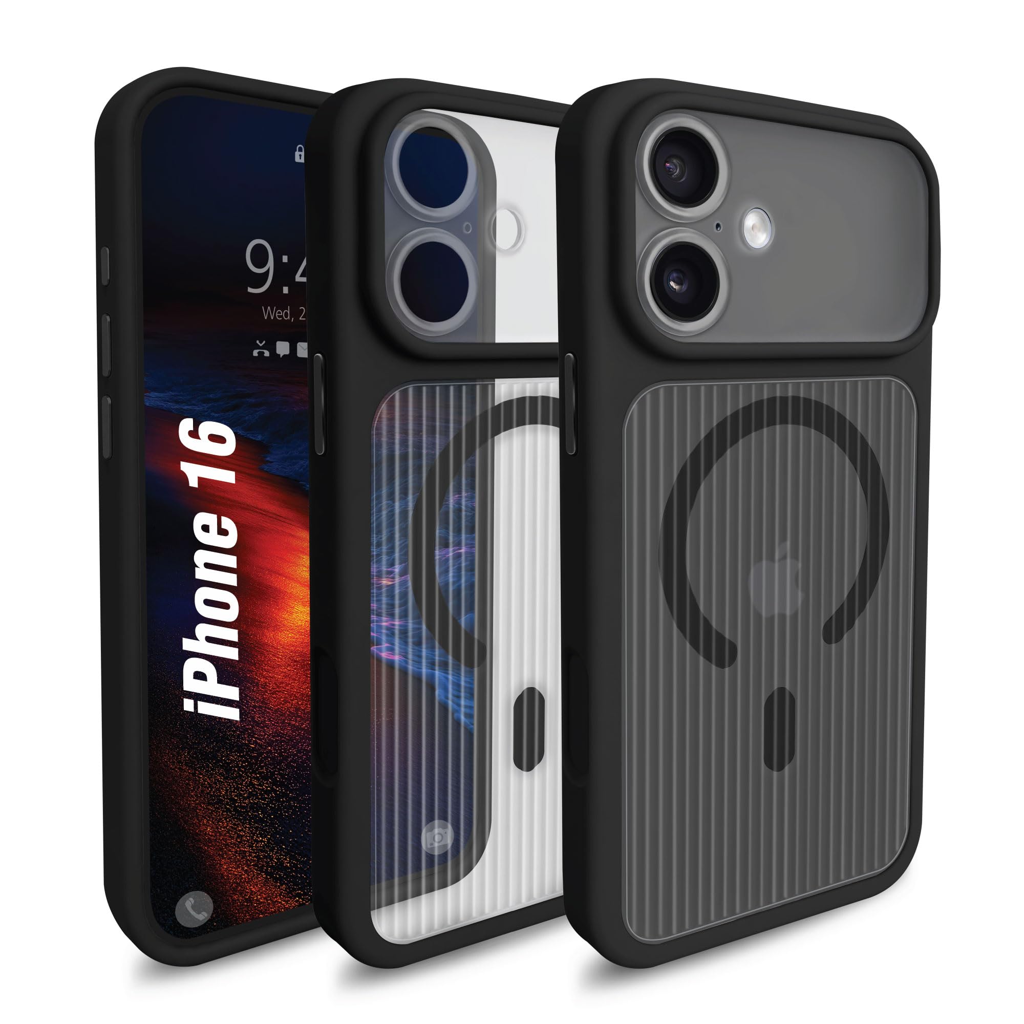 AIBEX® Protective Corrugated-Pattern Case Compatible for Apple iPhone 16 MagSafe Compatible | Slim Shockproof Back Cover with Camera Lens Protection, Strong Magnetic Support - Black