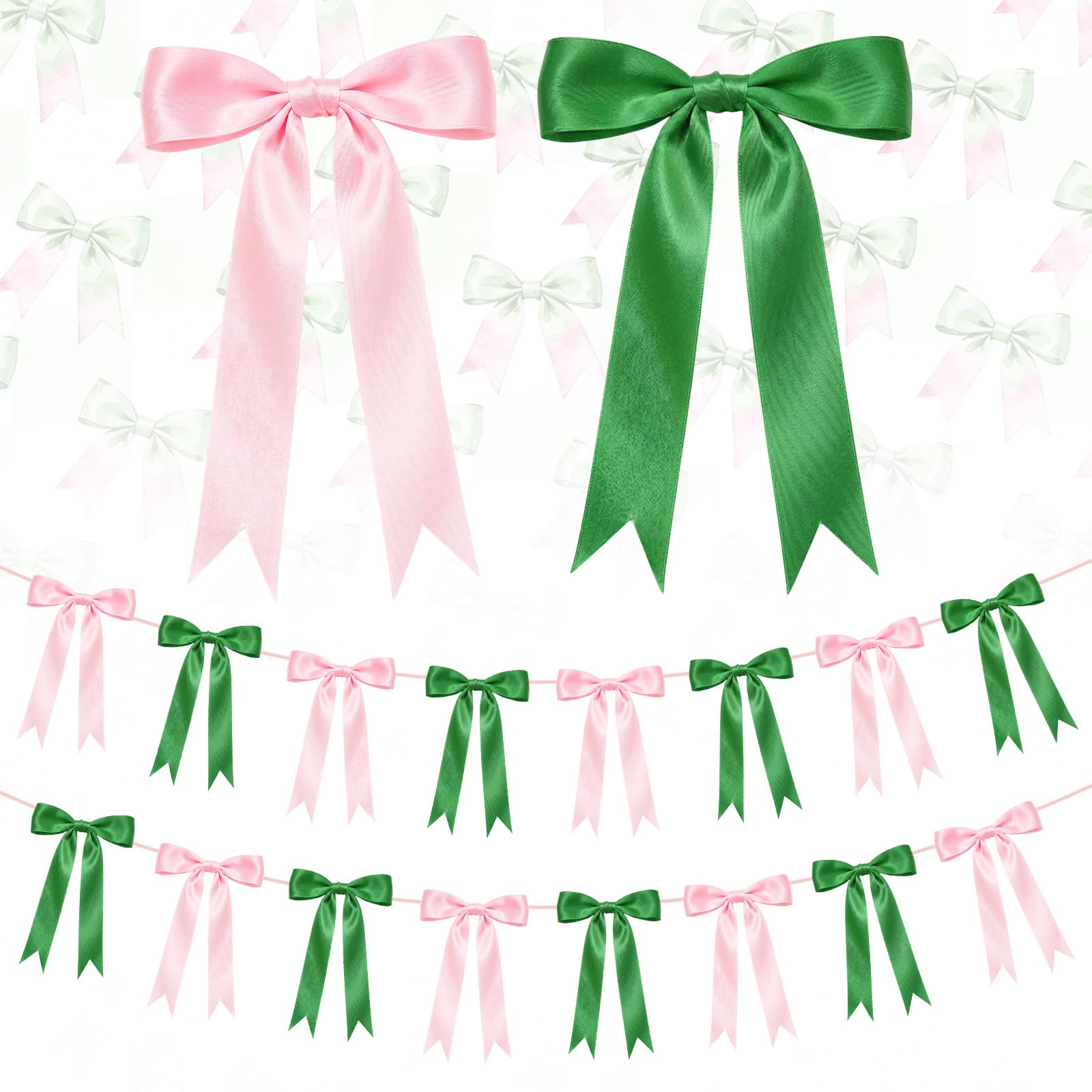 2 Strings Pink & Green Bow Garland Banner Decorations, 16Pcs Pre-Strung Satin Ribbon with 6.7ft Chain for Girls Ribbon Bow Banner Coquette Room Birthday Baby Shower Bachelorette Wedding Party Decor — image 1