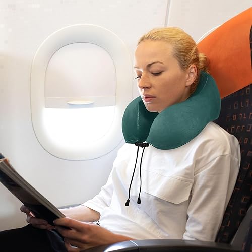 Miniatura 7 de Almohada de espuma viscoelástica negra rica para cuello, con bolsa de almacenamiento con cordón, almohada de cuello de vuelo