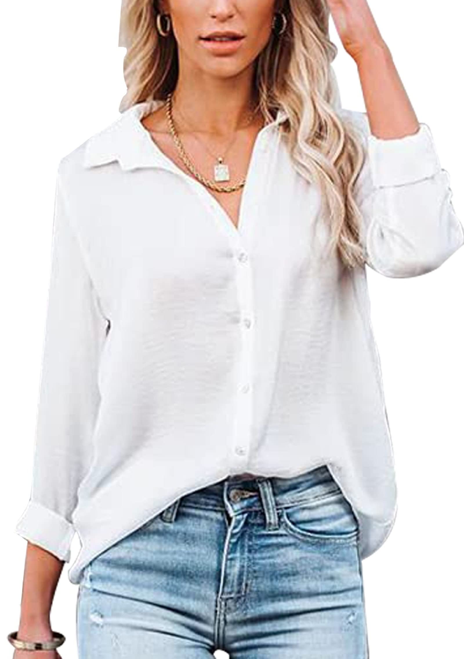 Baynetin Blusa y Camisas Mujer con Cuello en V Manga Larga/Corta y Botones Camisas, Estilo Casual y de Vestir Camisetas, Corte Suelto, Color Liso Blusas