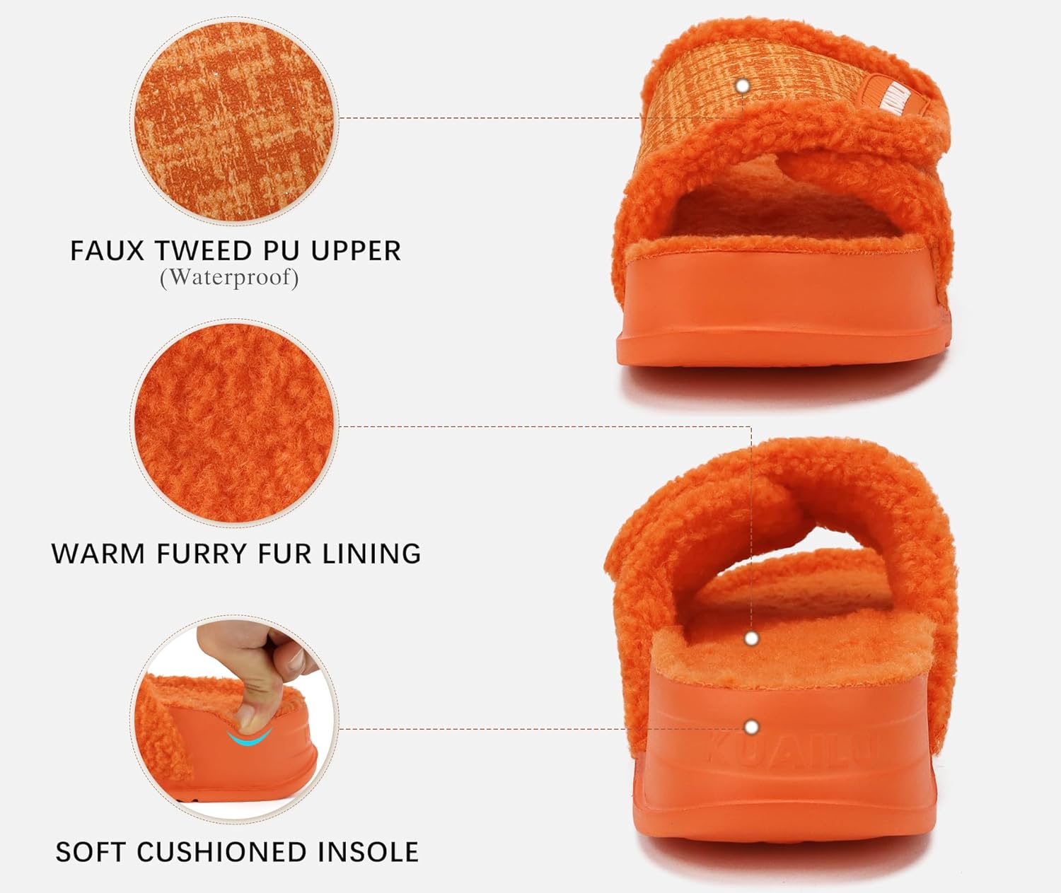 KuaiLu Cushion Slippers For Women with Orthotic Arch Support Wide Adjustable Open Toe Flatform Furry Fur Sandals Warm Teddy Fleece Recovery Slides Slip On House Shoes Indoor Outdoor, Orange US8 - Image 7