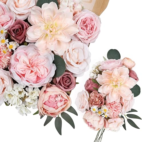 Miniatura 7 de AmyHomie Combo de flores artificiales rosadas, mezcla de seda, peonía, rosa, hortensia, margarita, flores falsas con tallo para ramos de boda,