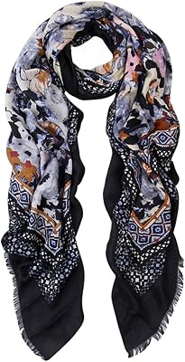 Elegant Large Vintage Floral Design Frayed End Scarf Wrap, Black