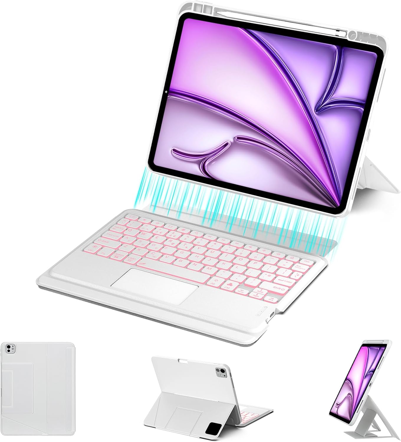 Keyboard Case for iPad Air 13 Inch (M4M3/M2) & iPad Pro 12.9 inch (3/4/5/6th Gen), Magnetic Detachable Touch Keyboard, 7-Color Backlit, Protective Case with Pencil Holder, Adjustable Stand, White