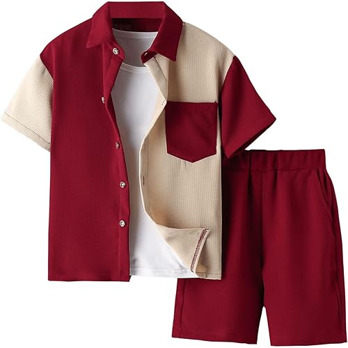 Verdusa Boy's 2 Piece Set Colorblock Button Front Collar Short Sleeve Shirt and High Waist Shorts