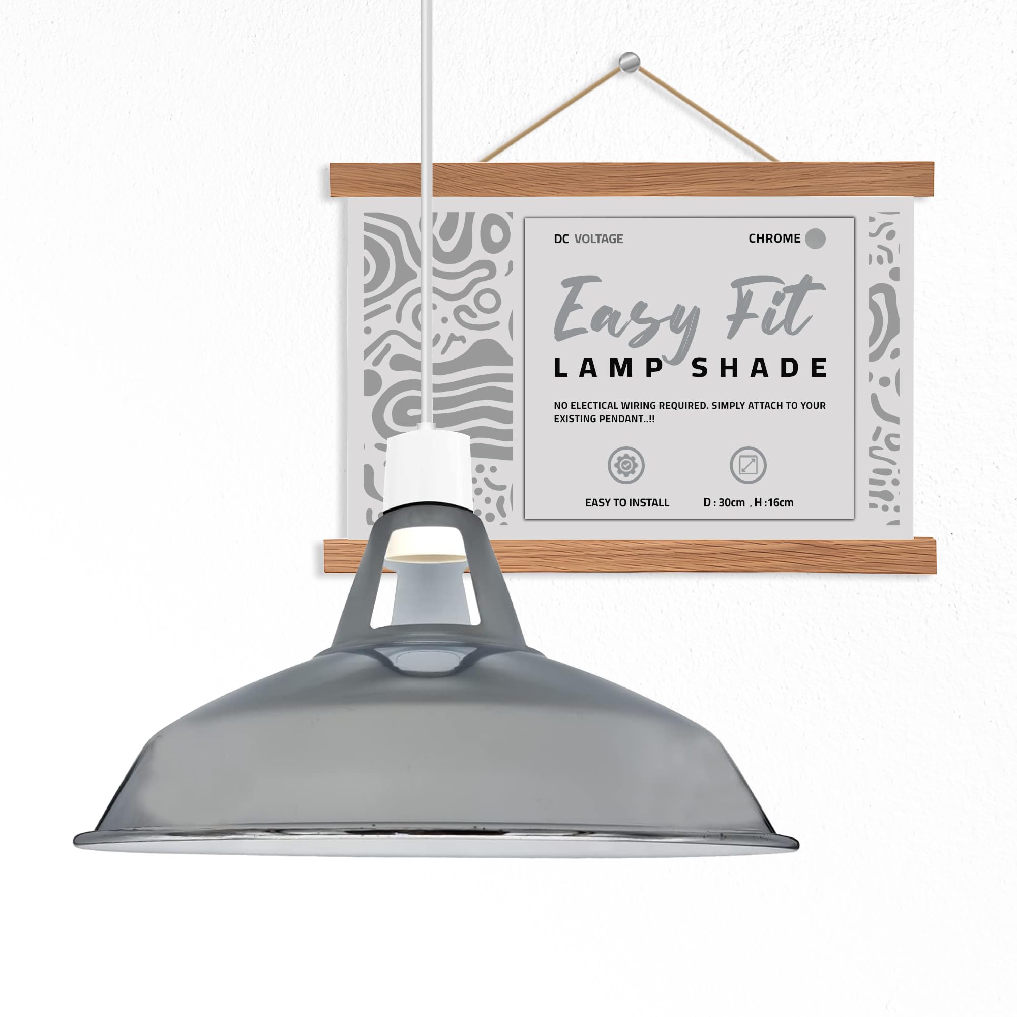 Chrome Metal Ceiling Lamp Shade 30CM Easy Fit Light Pendant Modern Ceiling Lighting Shade for Bedroom, Hallway, Office Industrial Hanging Kitchen Light Shade Ceiling Pendant