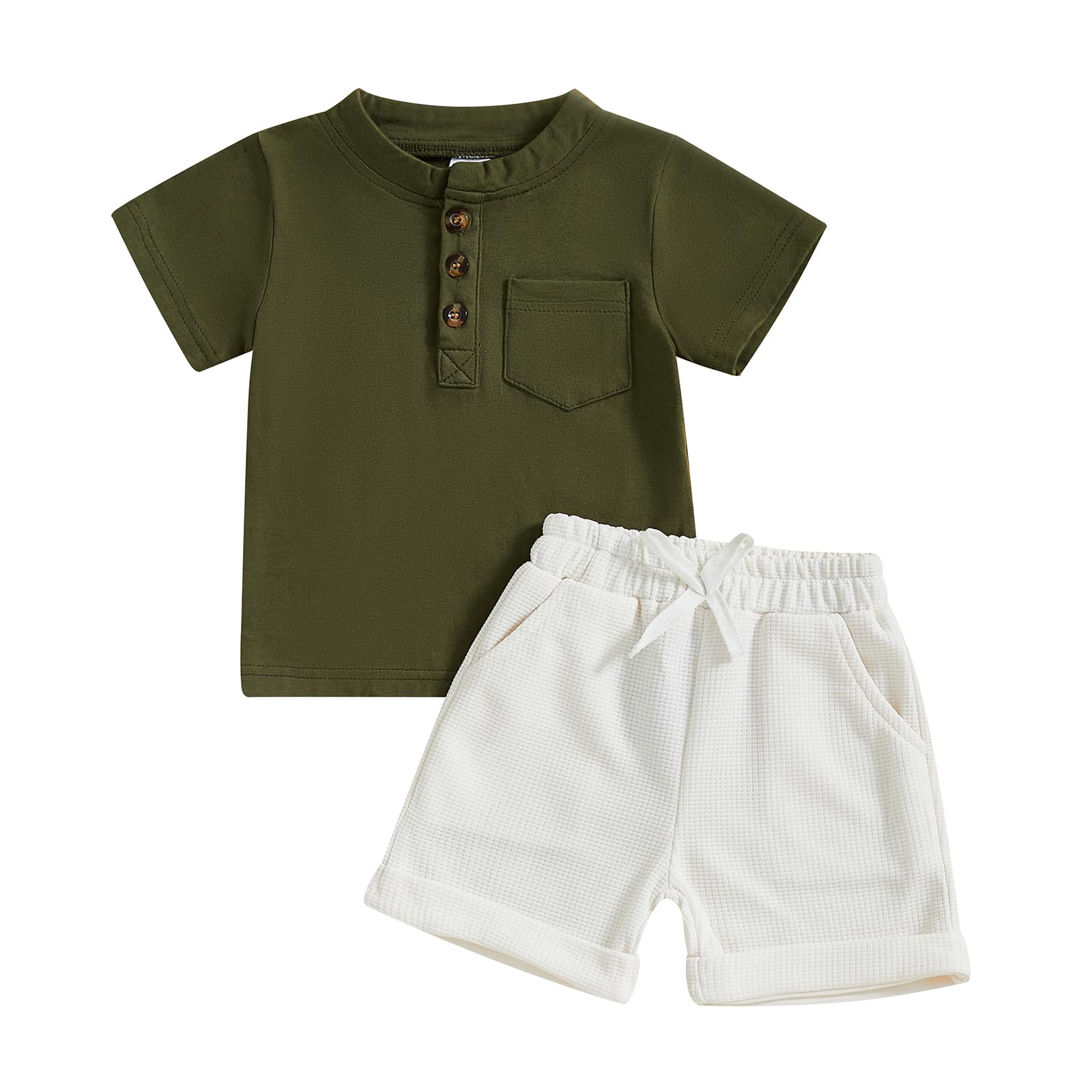 Lamuusaa Toddler Baby Boy Outfits Short Sleeve Basic T-shirt Waffle Solid Color Casual Jogger Shorts Summer Clothes 6M-4T (Green, 12-18 Months)