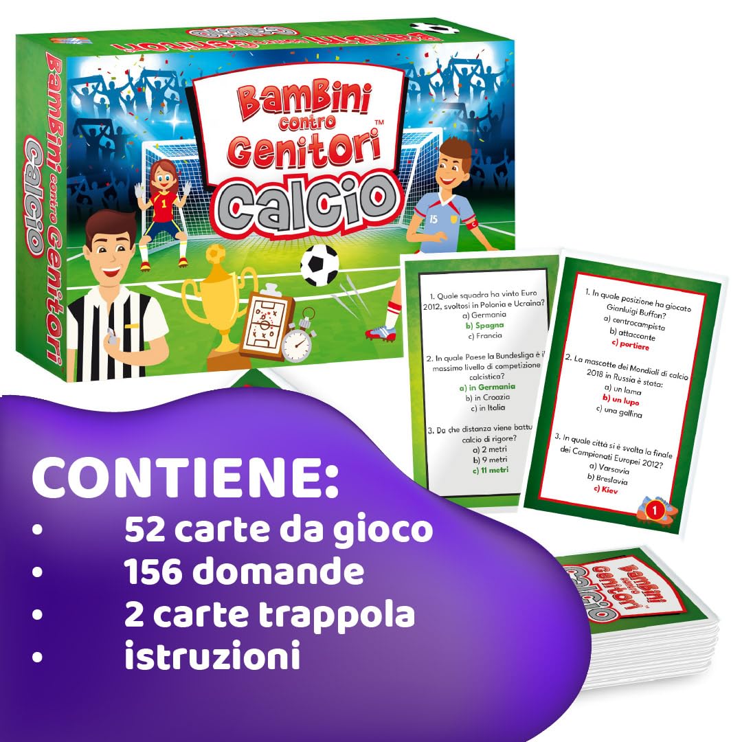 KANGUR Bambini Contro Genitori Calcio Quiz 54 Carte Gioco di Domande Calcio per Bambini e Famiglie Gioco da Tavolo Educativo Anni 6+ Gioco Compatto Regalo per Piccoli Calciatori e Tifosi