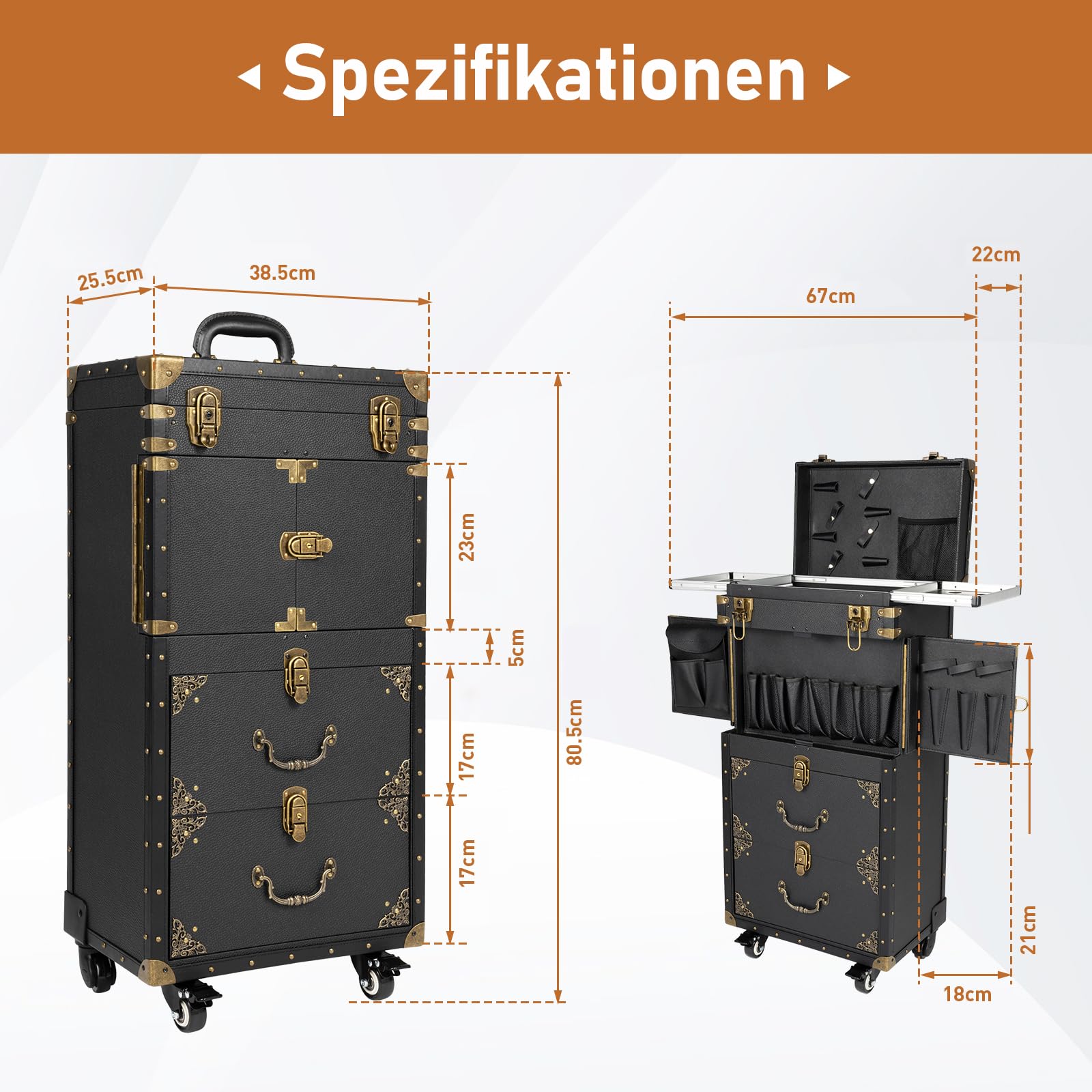 Kosmetikkoffer Trolley Retro Make Up Koffer Mit Passwortsperre 4 Ebenen Friseurkoffer Mit 360° Drehbaren Rädern Werkzeug Trolley Mit Haartrockner Halterung Schwarz