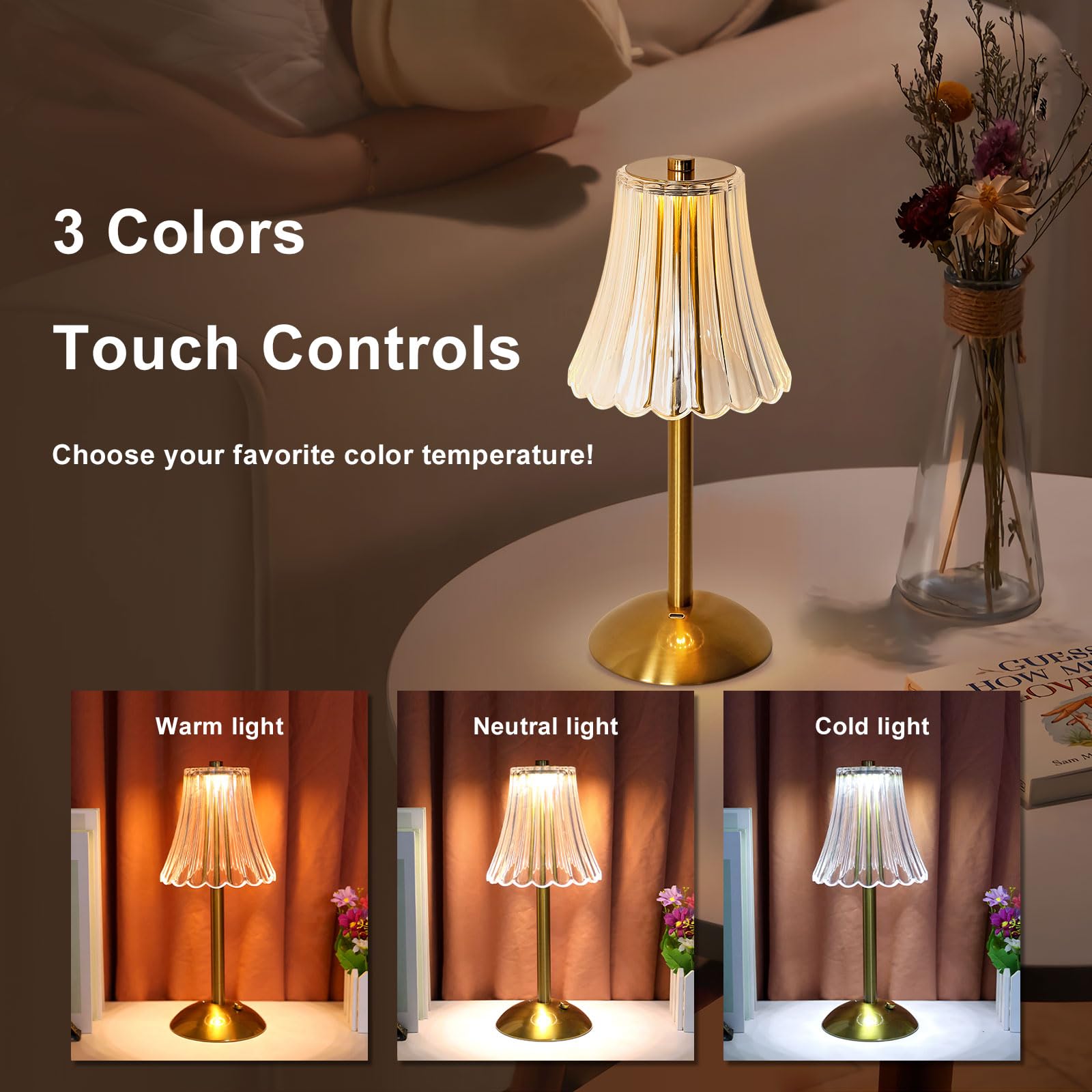 Goeco Lampe de Table LED Dorée, 5W 30cm Lampe de Chevet 3000K/4500K/6500K Veilleuse avec Abat-jour Acrylique en Forme de Jupe, Éclairage d'Ambiance avec Base Métallique pour Chambre à Coucher
