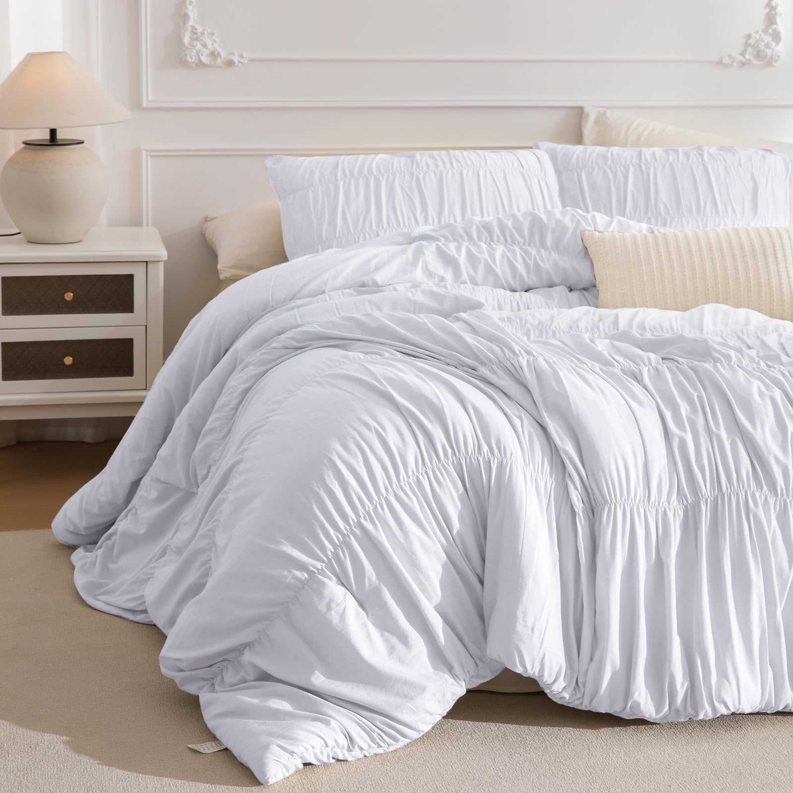 Masaca Oversized King Comforter 128x120,White Ruched Ruffle Bedding Comforter,3 Pieces Vintage Farmhouse Lightweight and Soft Shabby Farmhouse Chic