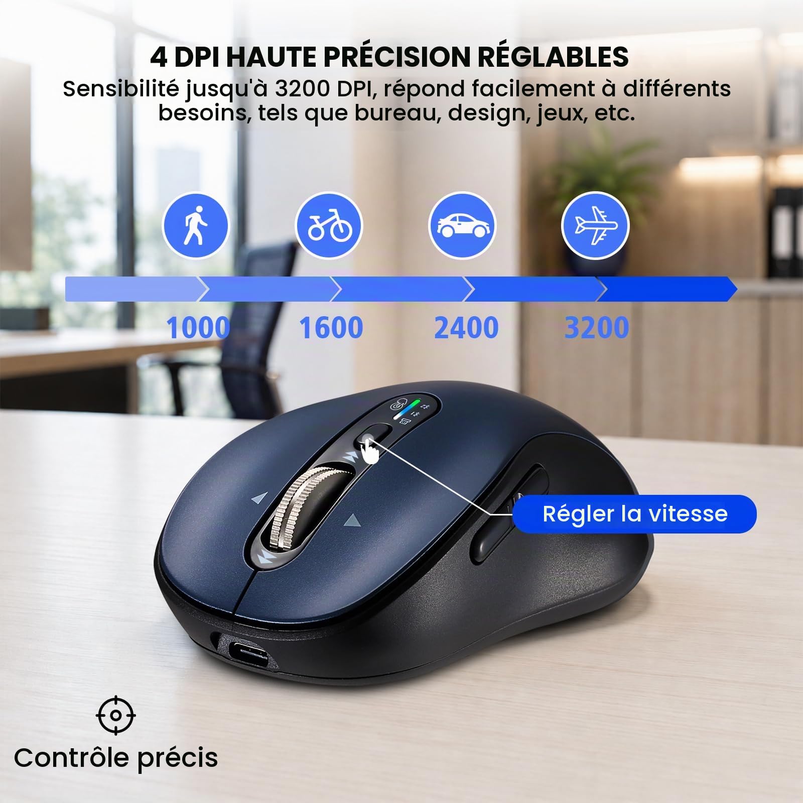 Souris Bluetooth sans fil, souris d'ordinateur ergonomique multi-appareils, super défilement en métal, ± 3200 DPI, 10 boutons, Plug & Play, silencieuse, rechargeable, souris sans fil USB pour