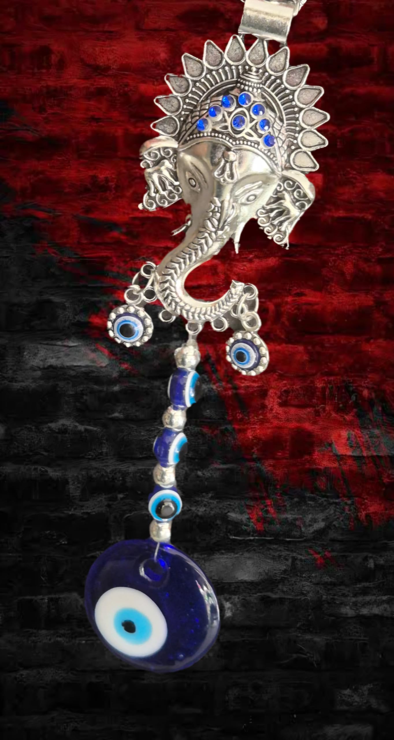 DT DECTONE Metal And Evil Eye Stones Handcrafted Om Ganesha Face Evil Eye Hanging for Home Entrance Door Decoration,Nazar Battu for Home Protection,Good Luck Charm and Prosperity at Office ,Blue 1