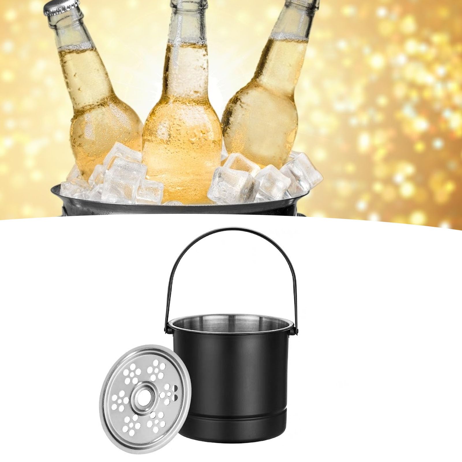 Ice Bucket with Tongs, Ice Bucket Professional Thickened Stainless Steel Ice Bucket with Filter Plate for Cocktail Bar Parties Restaurant Bar (Black)