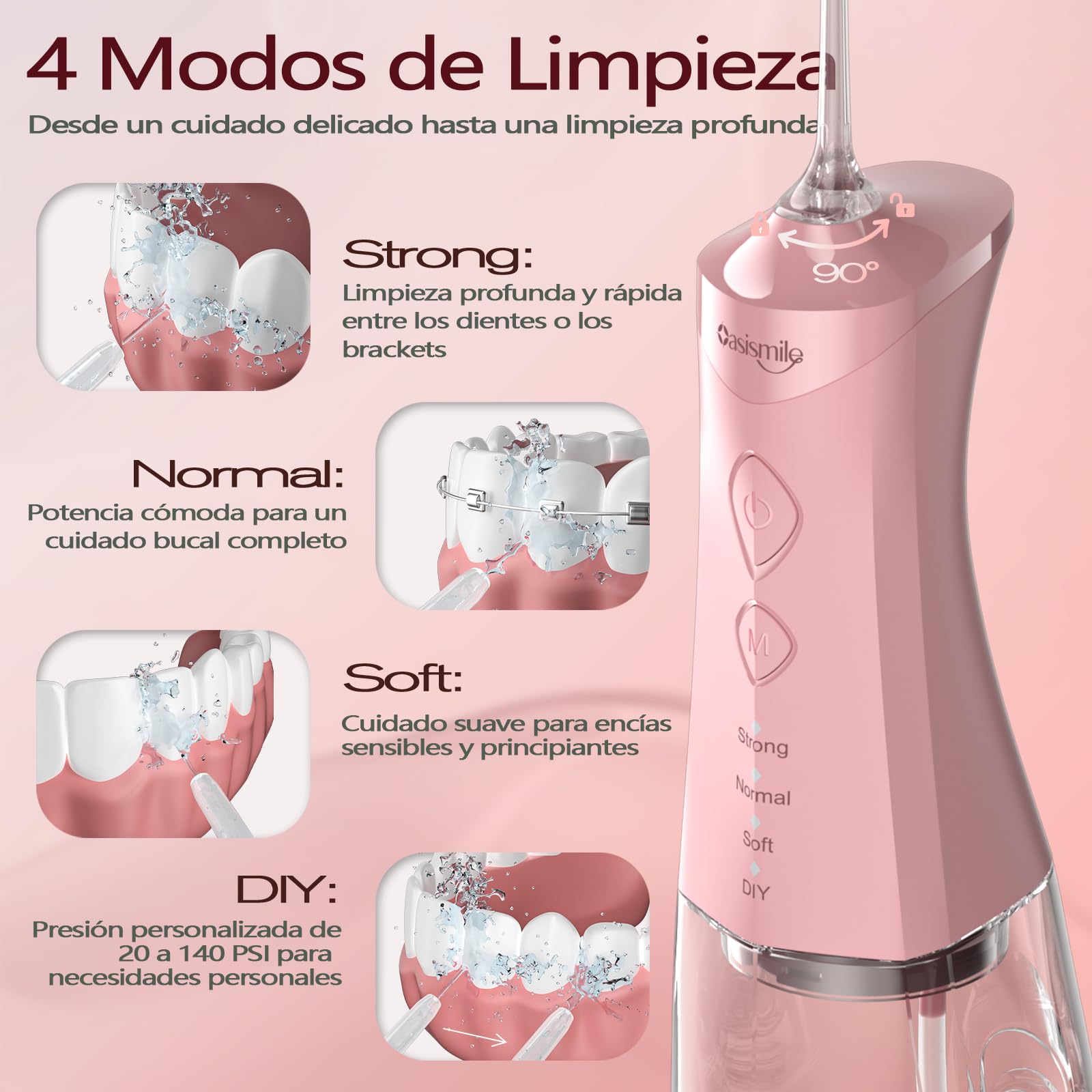 OasiSmile Irrigador Dental Portátil, 350 ML Irrigador Bucal con Tecnología DIY Autoajustable, 5 Boquillas y 4 Modos, Ideal para Ortodoncia y Encías Sensibles, IPX7 Recargable para Viaje Hogar, Rosa