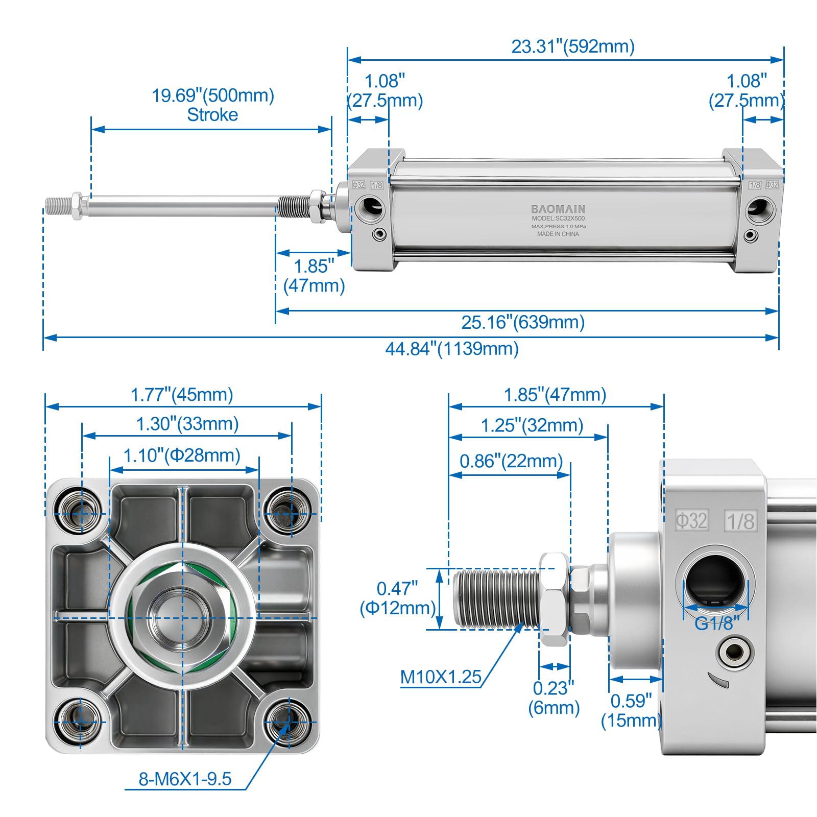 BAOMAIN Pneumatic Air Cylinder 1-1/4" Bore 19.69" Stroke SC32x500 — Amazon image 2