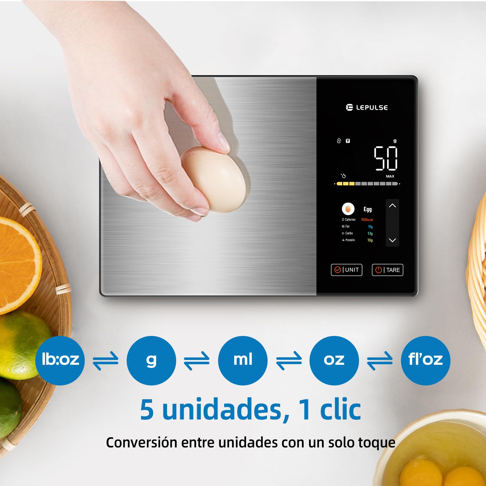 Báscula digital de cocina con cálculo nutricional, báscula de alimentos con 24 análisis nutricionales, báscula nutricional de acero inoxidable de 5 kg, pantalla TFT a color, 50 offline y análisis de