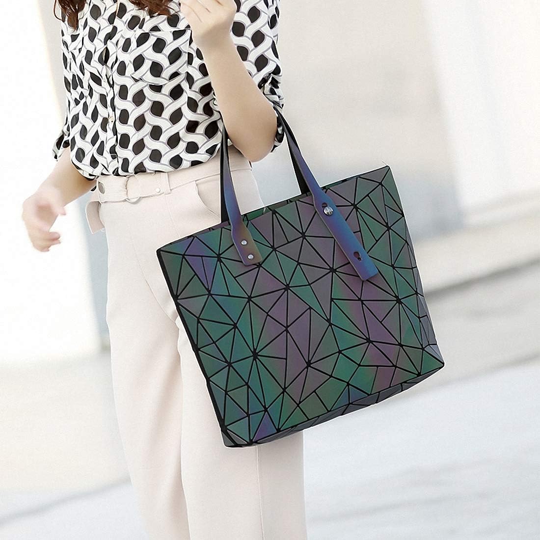 Geometric Luminous Tote Bag Holographich Purses and Handbags Flash Reflactive Crossbody Bag for Women