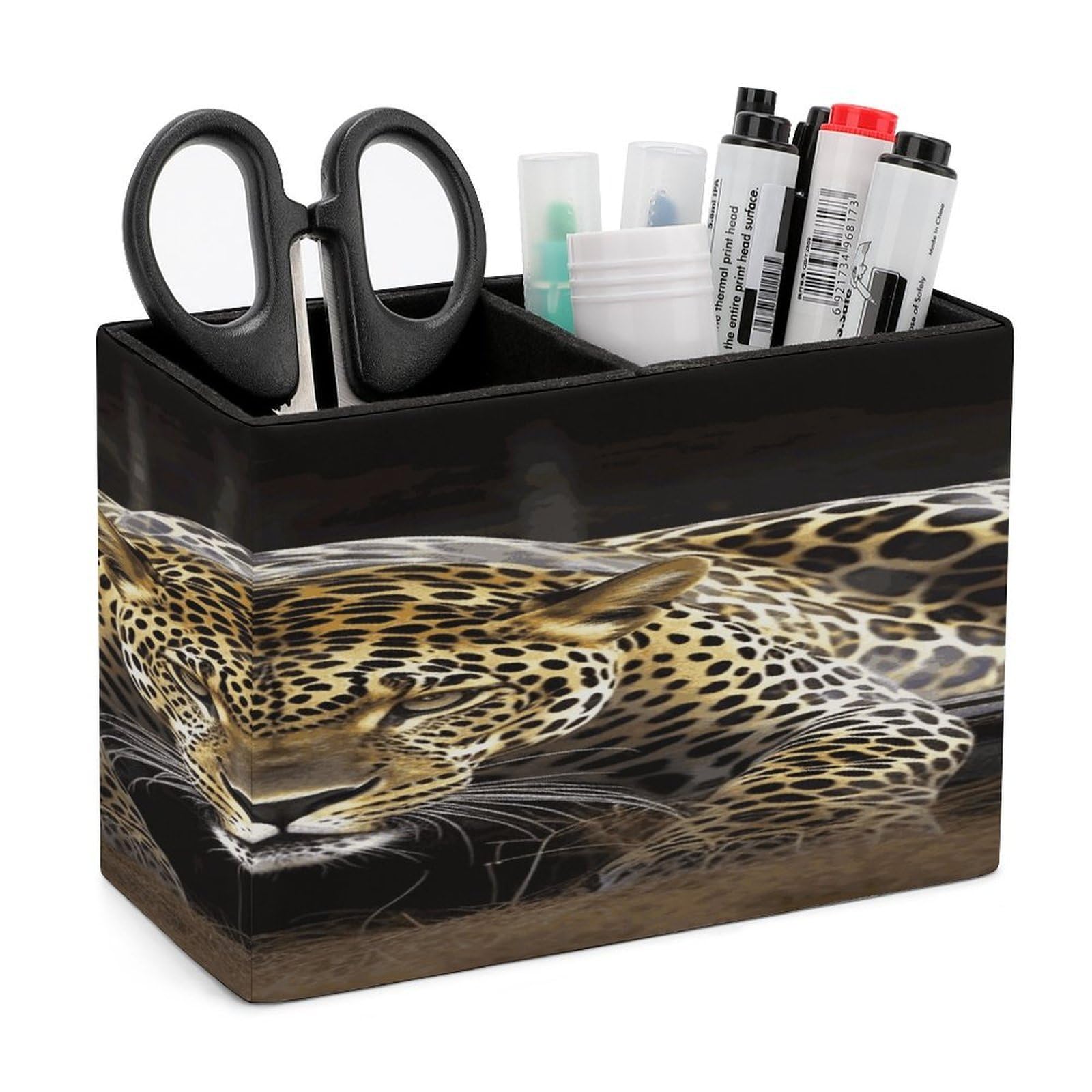 FekiLoot PU Leather Leopard2 Pen Holder for Desk 2 Compartments Desktop Stationary Organizer Rectangle Table Pencil Cup Stand Desktop Stationery Organizer Case for Office Home