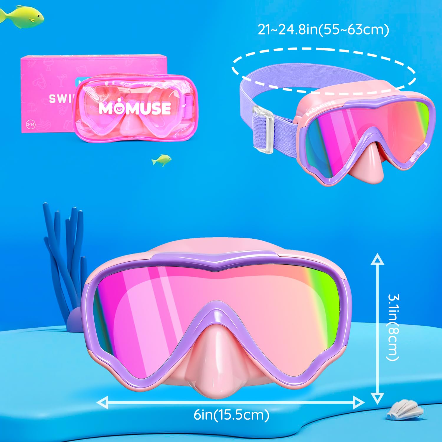 Taucherbrille Kinder mit Weichem Stoffband, MOMUSE Kinder Schwimmbrille mit 3D Nasenabdeckung, Tauchmaske Antibeschlag, Bruchsichere Linse & UV-Schutz, Schnorchelmaske für Jungen Mädchen 3-14 Jahr