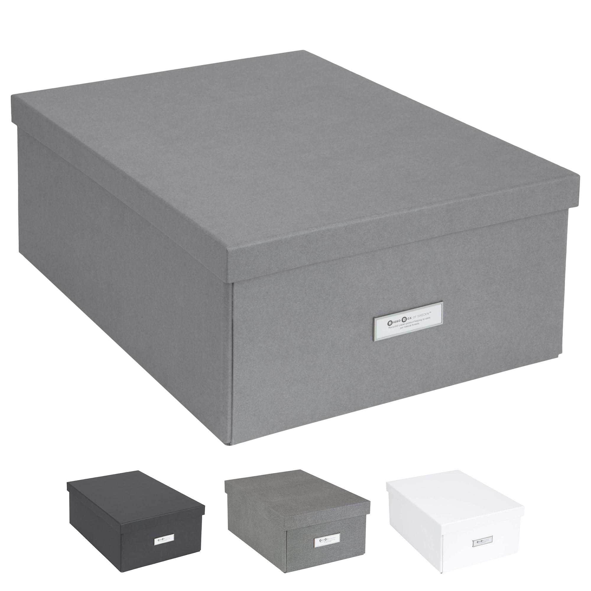 Bigso Box of Sweden Katrin Collapsible Storage Box with Labelframe for Easy Identification - Simple Assembly without Tools - Decorative Storage Boxes with Lids - 13.5in x 17.6in x 7.2in - Gray