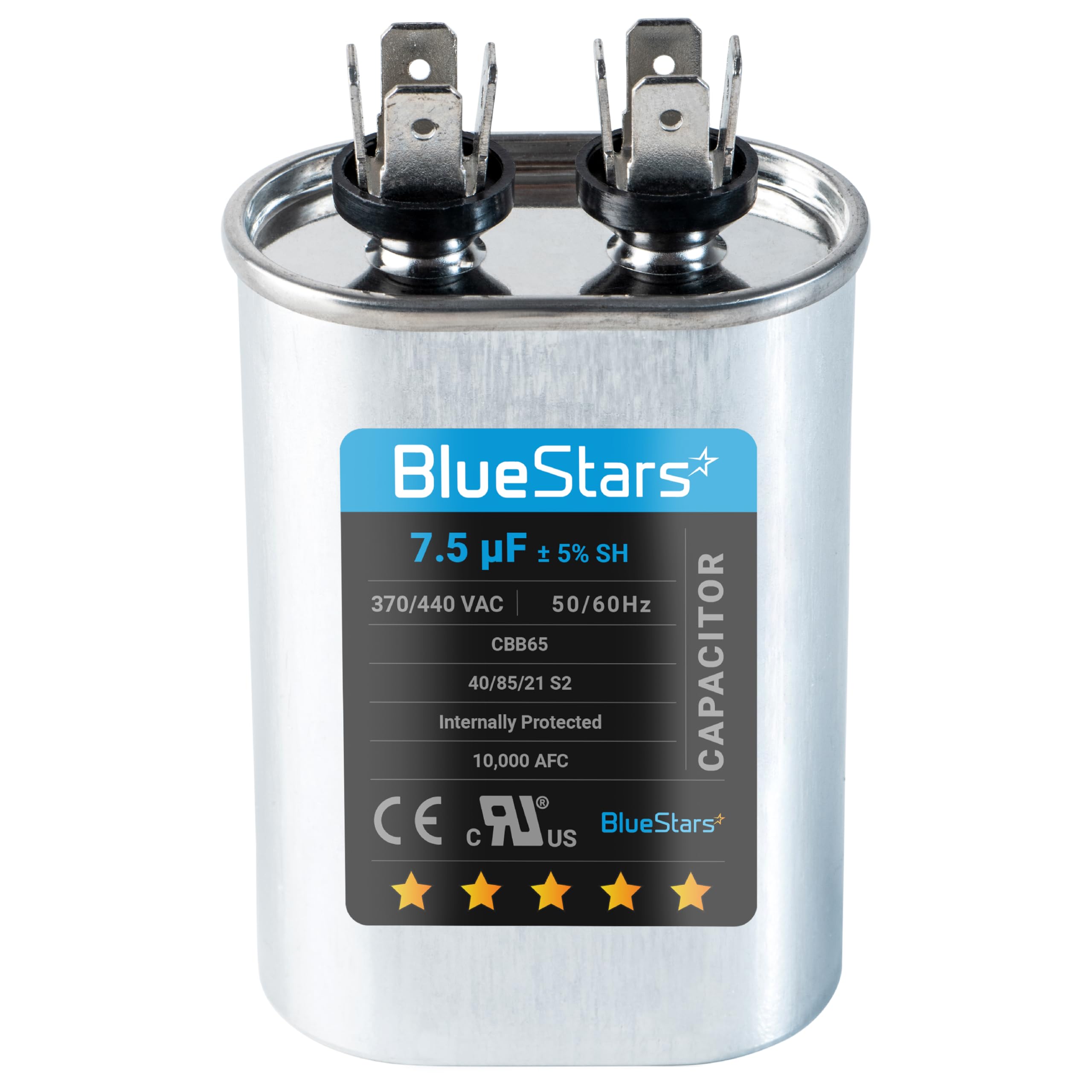 BlueStars Ultra Durable 7.5 uf ± 5% MFD 370 or 440 Volt Dual Run Oval Electrolytic Capacitor TP-CAP-80/5/440R Condenser Straight Cool & Heat Pump Air Conditioner