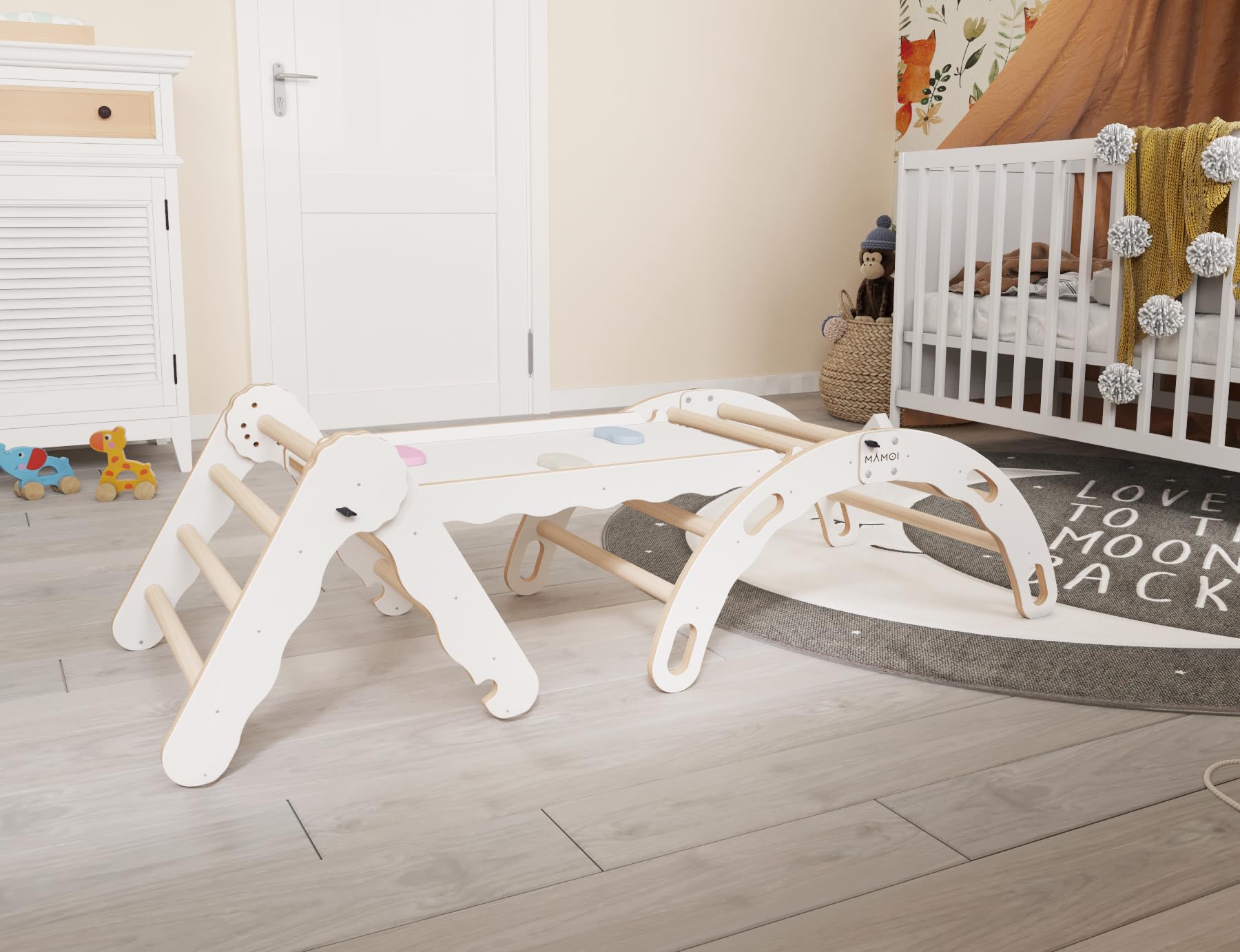 MAMOI® Set Klettergerüst Indoor, Kletterdreieck mit rutsche aus Holz, Kletterbogen, Klettergerüst mit Rutschbrett, Holzbogen für Spielplatz, Montessori