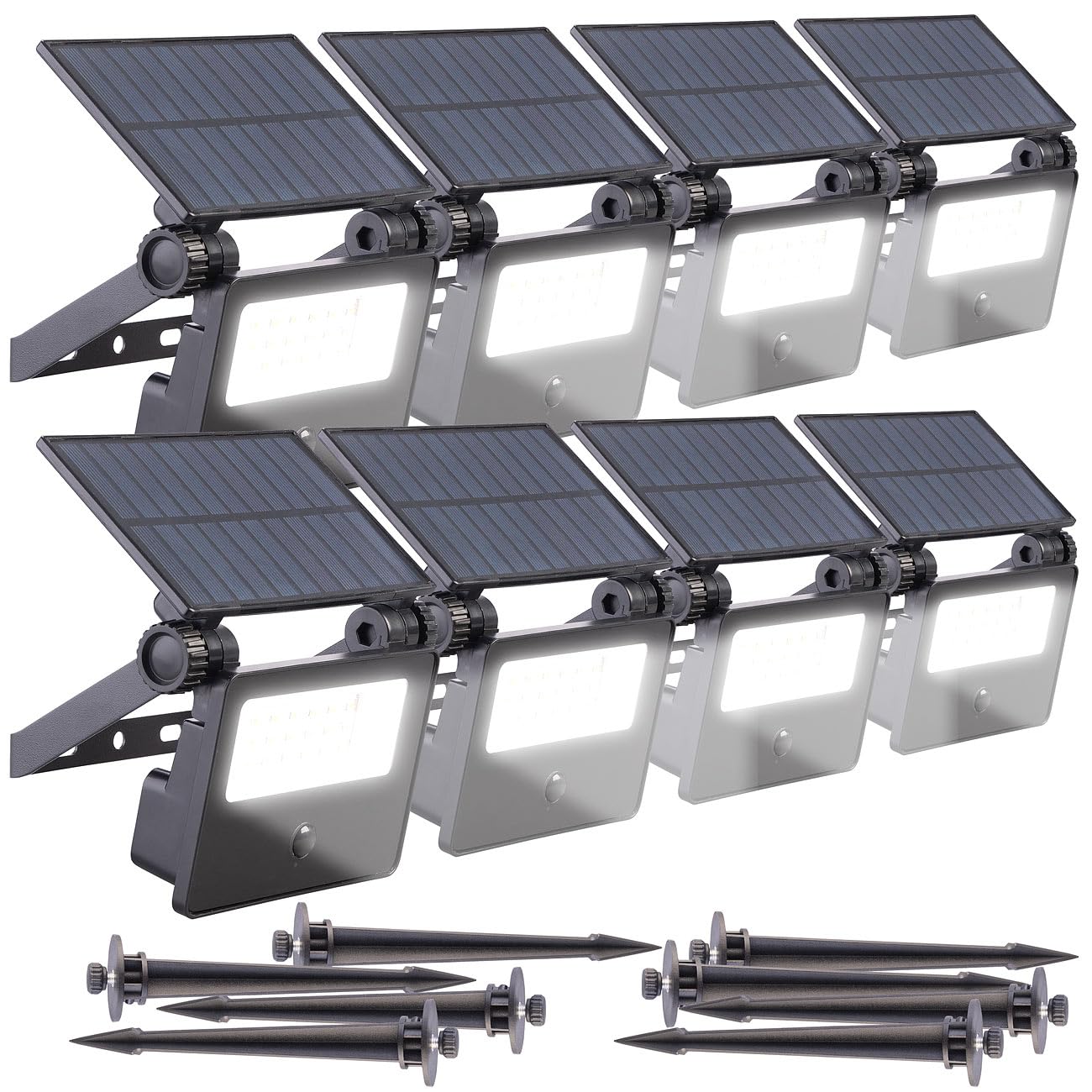 Luminea Solar Spot: 8er-Set Solar-LED-Gartenstrahler mit Bewegungssensor, 400 lm, 1.200 mA (Gartenbeleuchtung Set, Gartenspot LED)