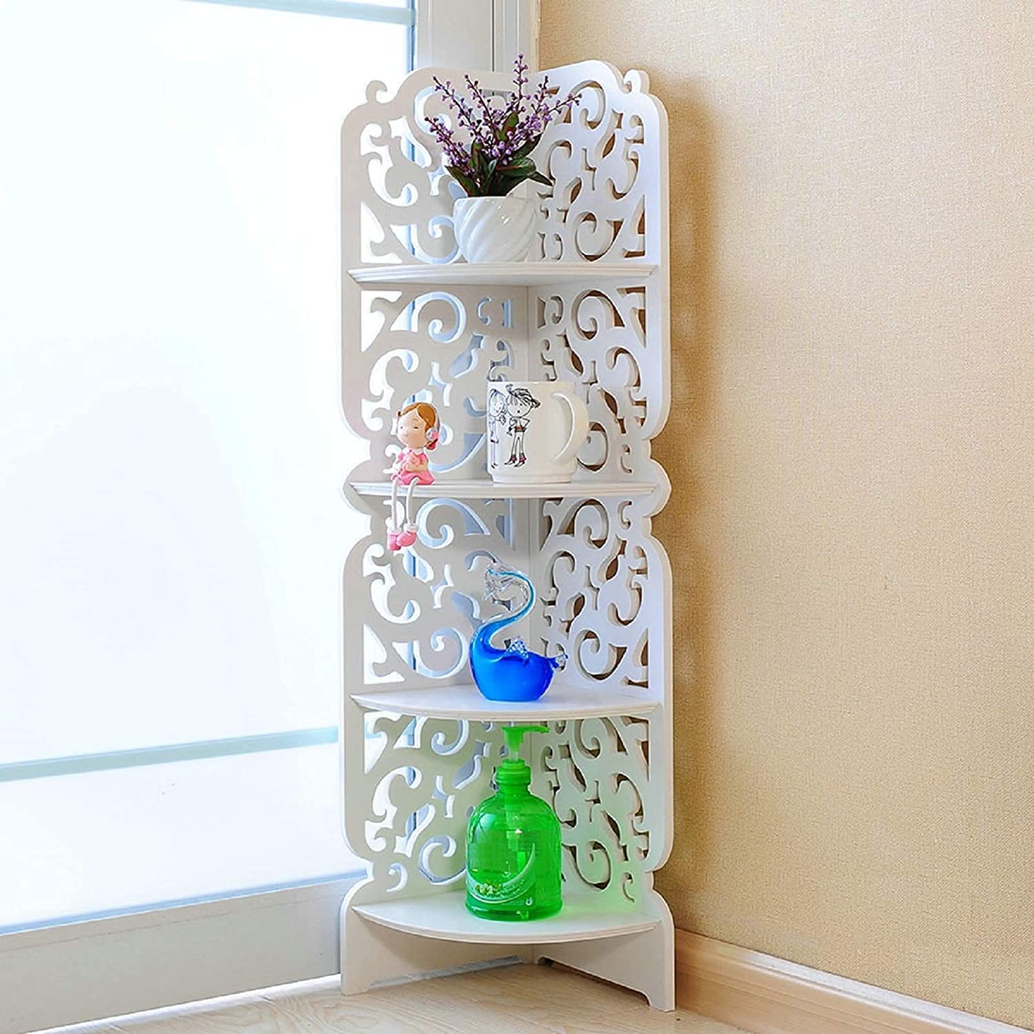 Device Bas with BROWN ART SHOPPEE 4 Tier Corner Shelf Shelving Unit Carved Corner Shelf Unit Wood Plastic Composite Storage Organiser Rack For Home Office Bedroom Bathroom Living Room, White-picture-25