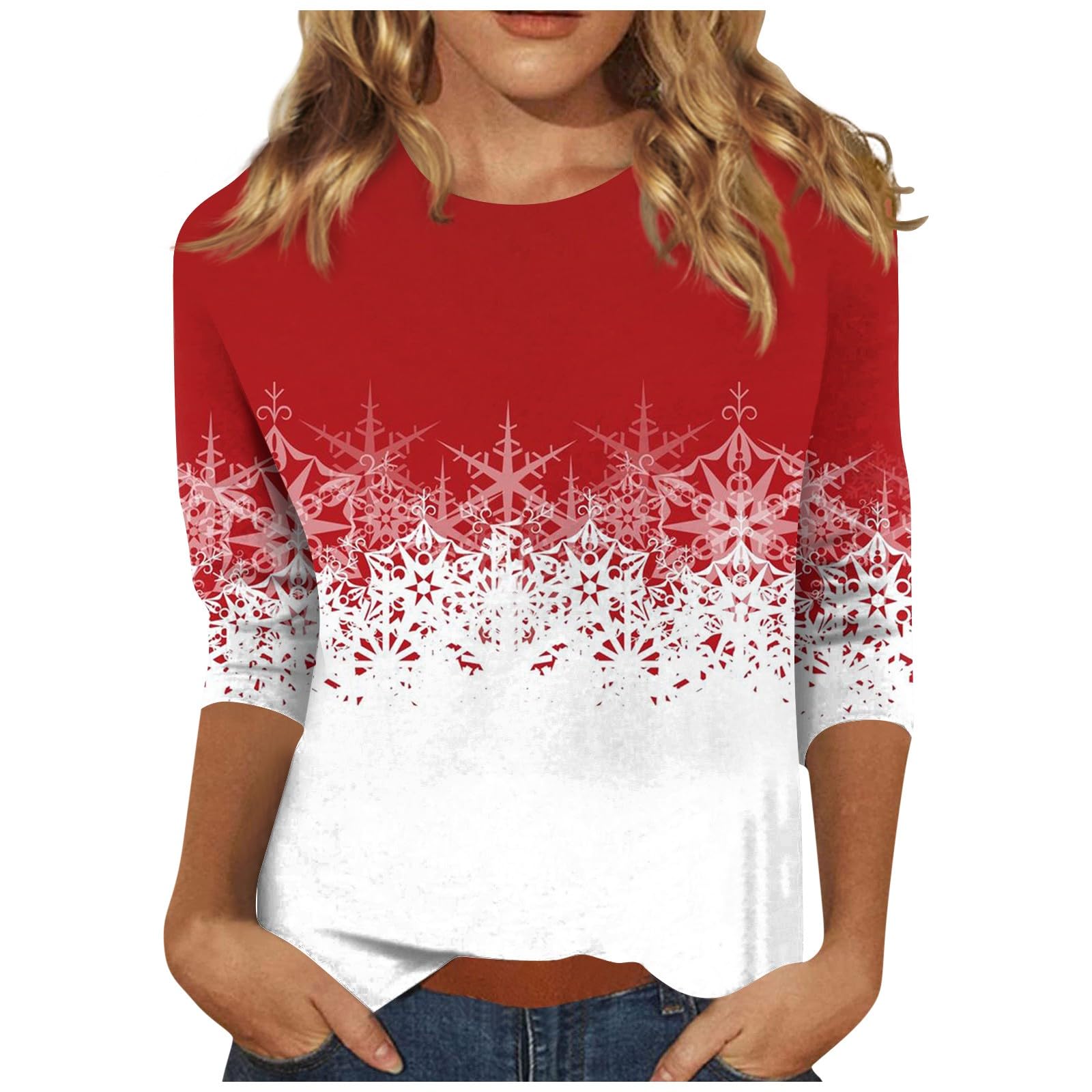WOSHIMEINVChristmas Tops 3/4 Sleeve Shirts for Women Crew Neck Xmas Printed Graphic Tees Blouses Casual Plus Size Basic Tops