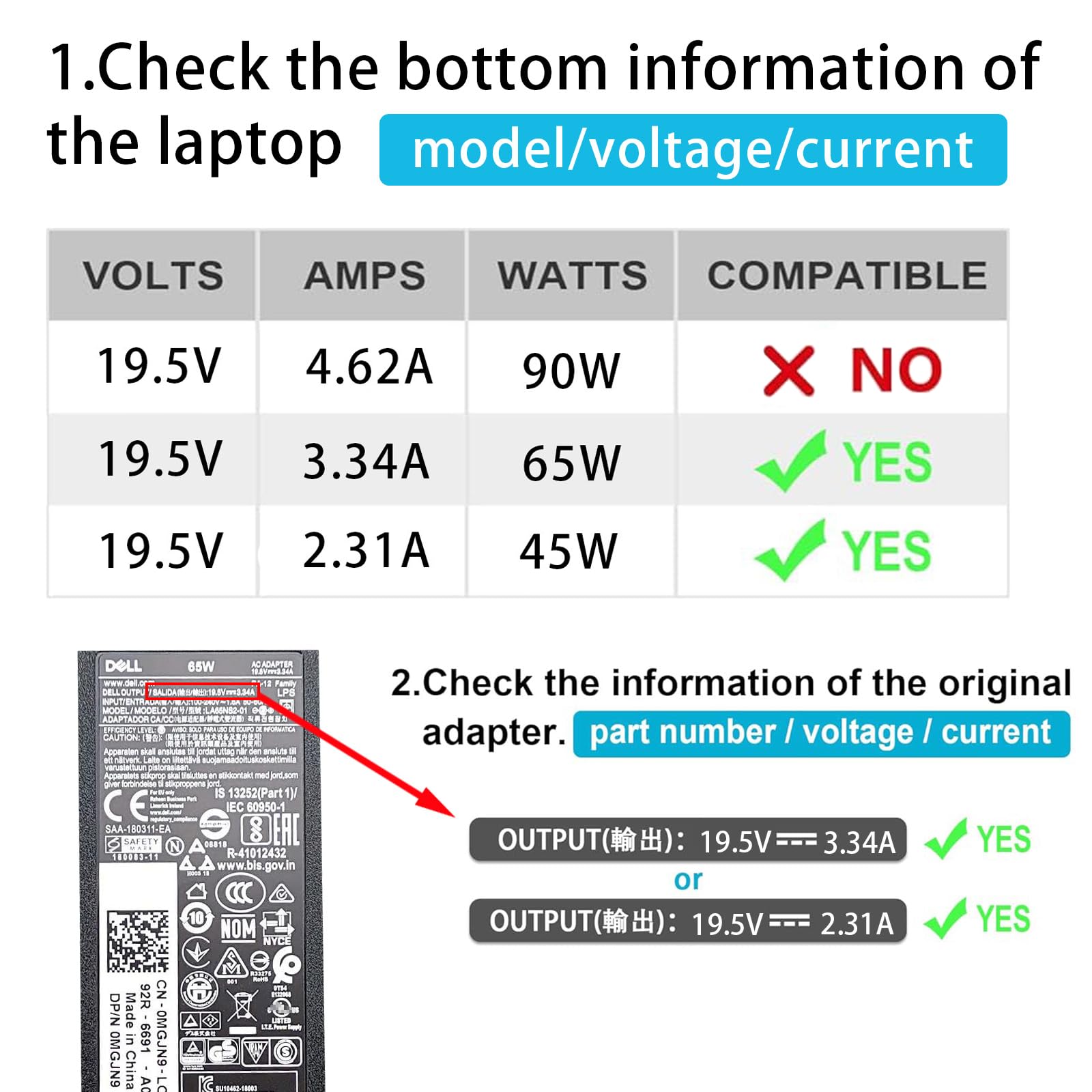 65W Laptop Charger Fit for Dell inspiron 13 14 15 17 3000 5000 7000 Series 3565 3567 3576 5558 5755 7212 7506 2in1 5555 5559 0G6J41 0MGJN9 19.5V 3.34A Tip 4.5mm Power Adapter (65W)