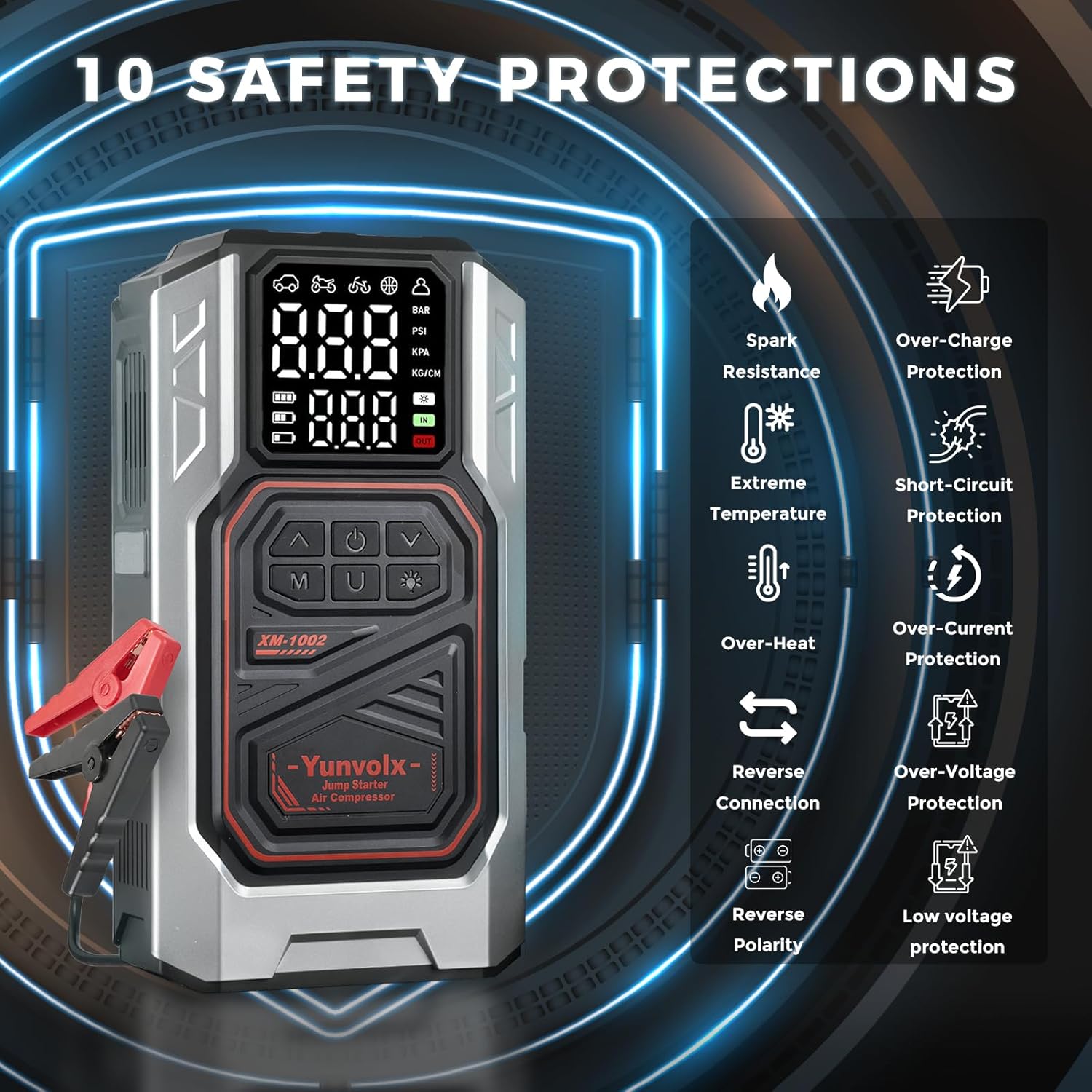 Jump Starter with Air Compressor, 3000A 12V Portable Car Emergency Jump Starter (for 9L Gasoline / 8L Diesel Engines), Equipped with USB Output, Storage Box, and LED Flashlight