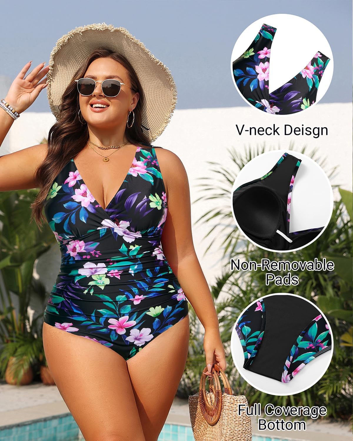 Aqua Eve Women Plus Size One Piece Swimsuits Tummy Control Bathing Suits V Neck Ruched Swimwear - Image 5