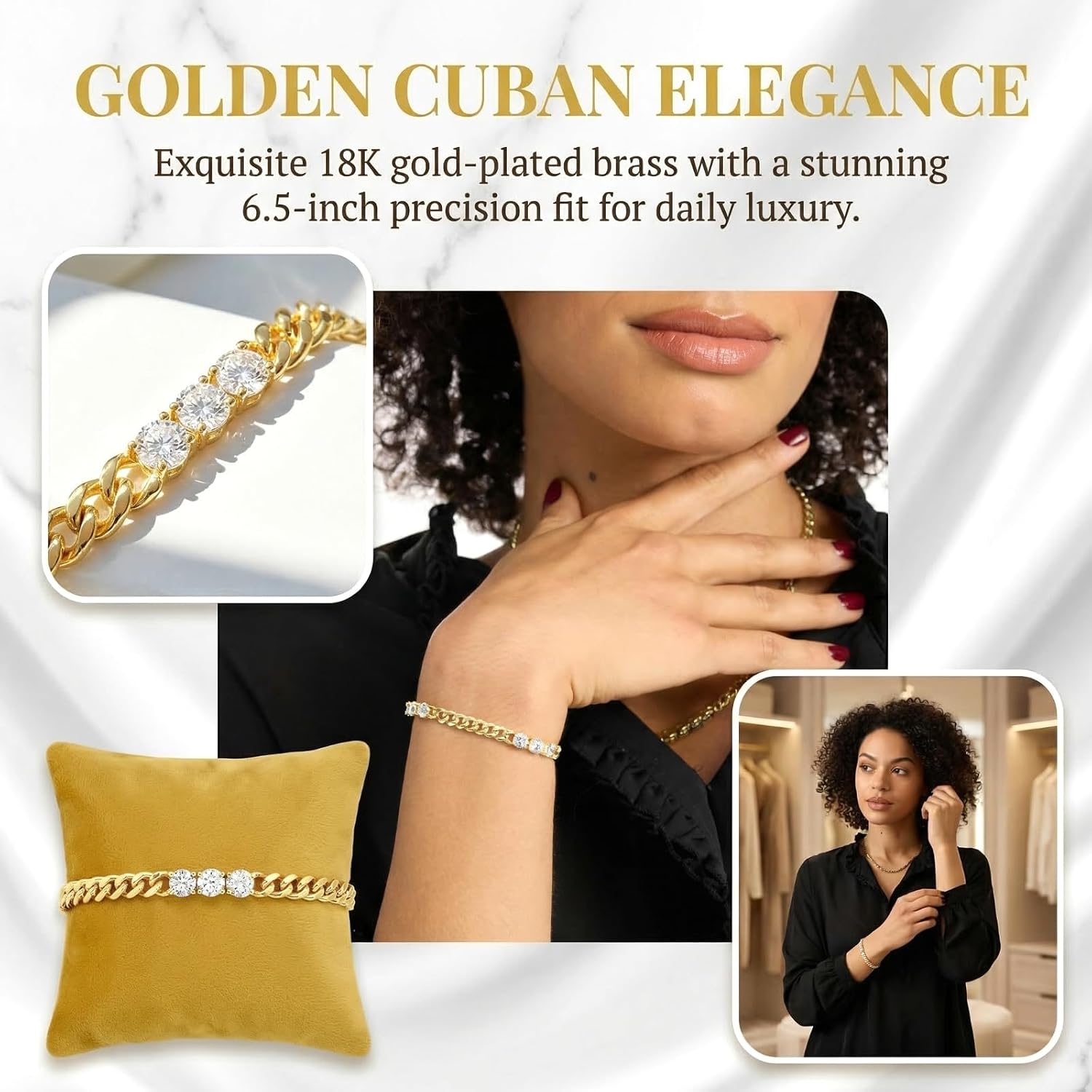 Women's Gold Cuban Link Bracelet, Gold Plated Chunky Tennis Bracelet for Women with Simulated Diamond Crystal Zircon Waterproof Tarnish Proof Jewelry for Birthday, Wedding, Valentine