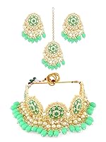 ZAVERI PEARLS Green Meenakari Choker Necklace Earring Maangtikka & Ring Set For Women-ZPFK11606
