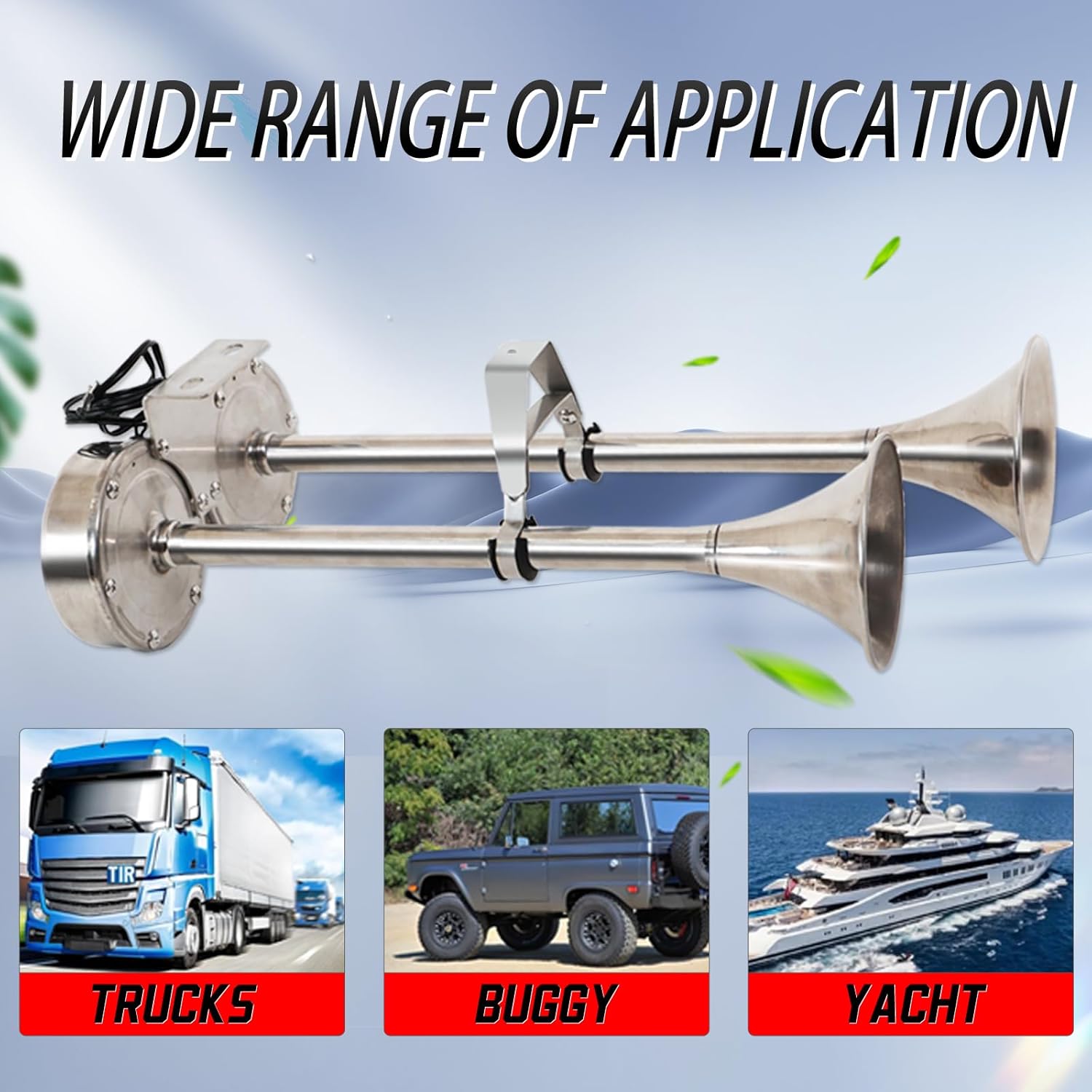 12V 160dB Marine Boat horn Waterproof Stainless Steel Dual Trumpet Horn for Ship Truck RV Trailer Pickup Van Bus Touring Car (Dual Trumpet Horn)