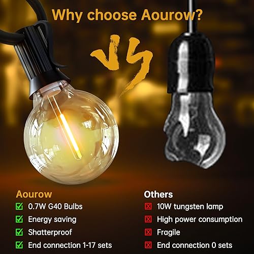 Miniatura 5 de Aourow Tira de luces LED para exteriores de 50 pies, luces LED de patio con 20+1 bombillas E12 inastillables Edison G40, luces LED de Navidad