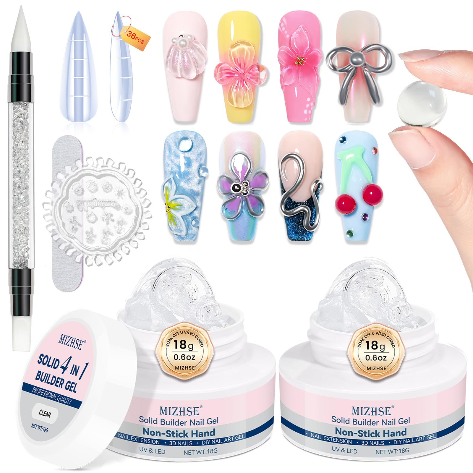 MIZHSE 2pcs Solid Builder Gel for Nails, Clear 3D Nail Gel for Sculpting Non-sticky Hard U V LED Starter Kit DIY Home Salon