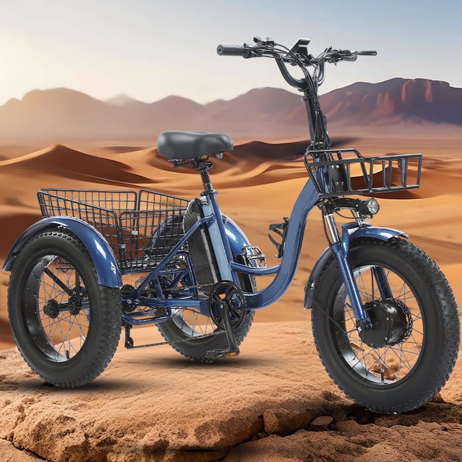 Triciclo elettrico per anziani, bici da neve con pneumatici larghi da 20'' a 7 velocità, cestini anteriori e posteriori, doppi freni a disco, display LCD, autonomia di 35 km, carico massimo