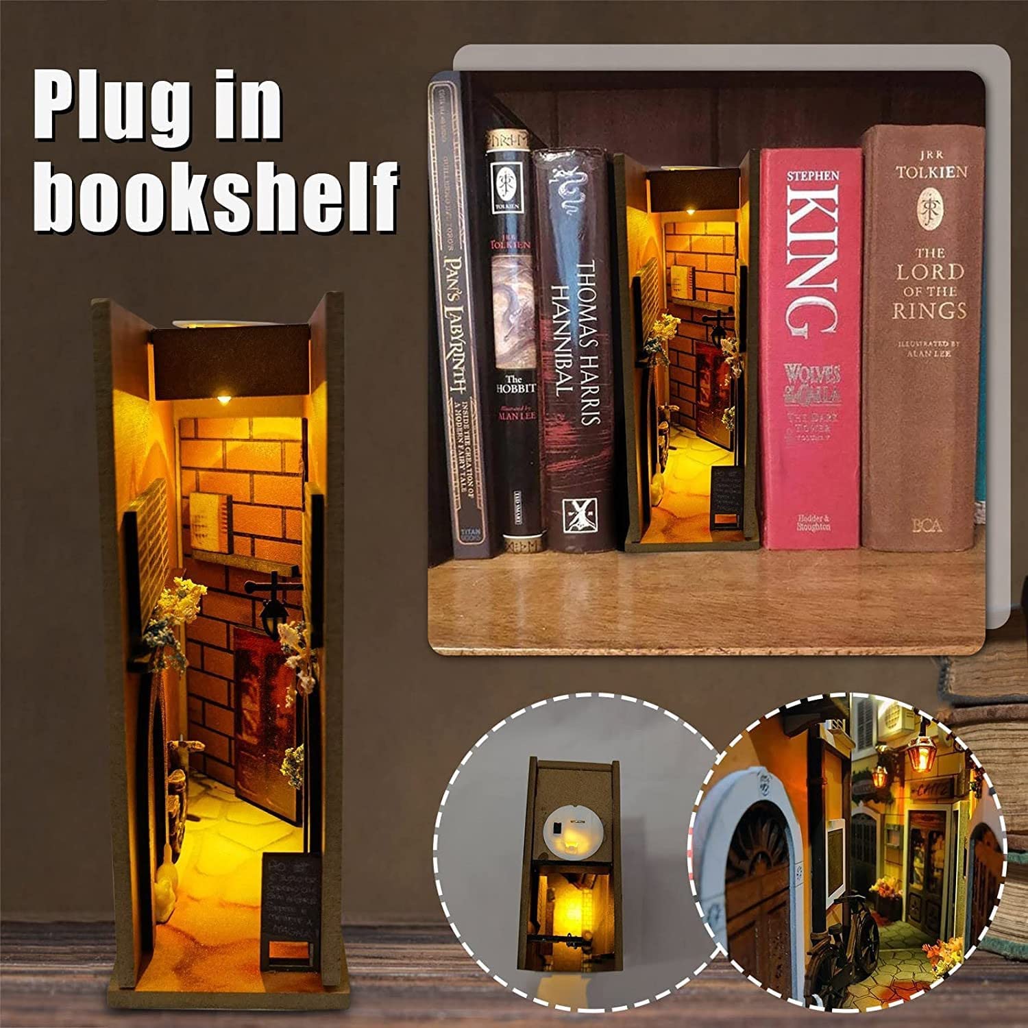 Amazon.co.jp: 木製ブックヌークインサートLEDブックエンド